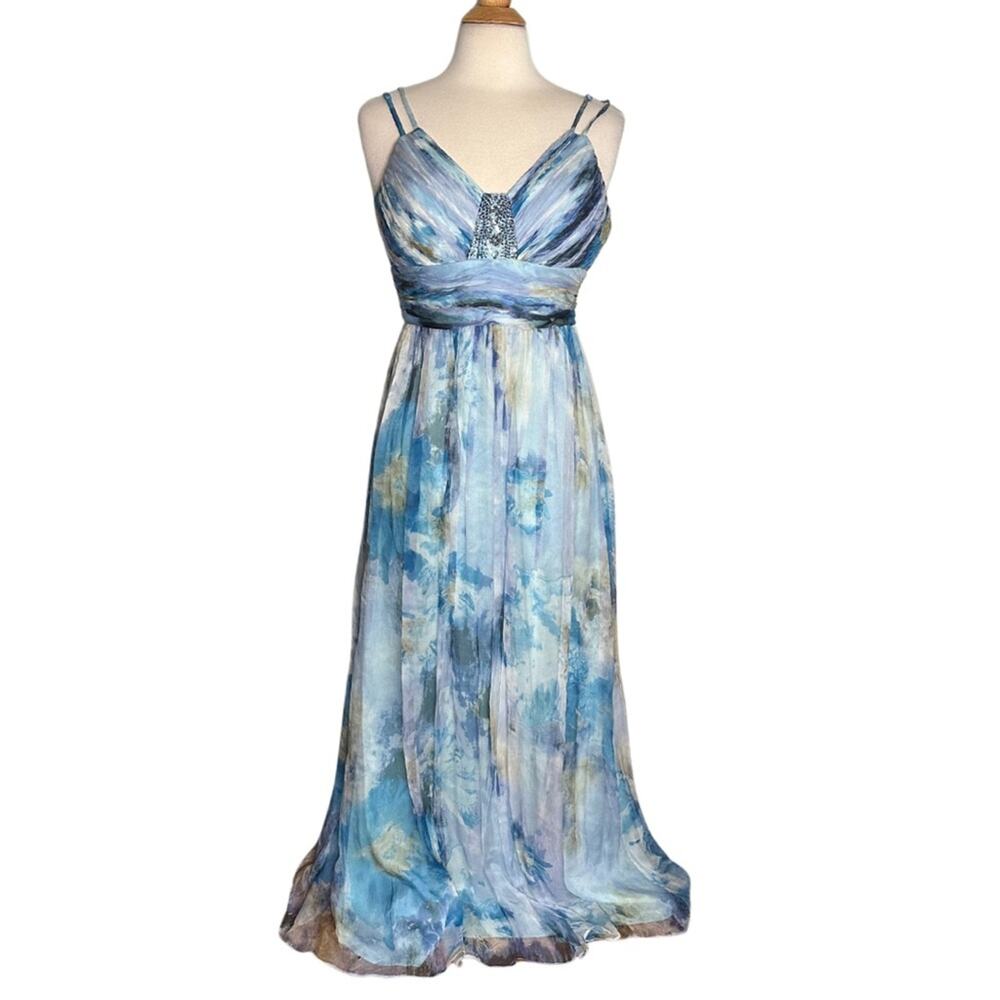 Decode Y2K Mermaid Core Maxi Formal 100% Silk Prom Dress Watercolor Pattern PP7